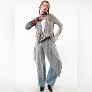 Aratta Gray Draped Long Cardigan with Floral Sleeve Embroidery